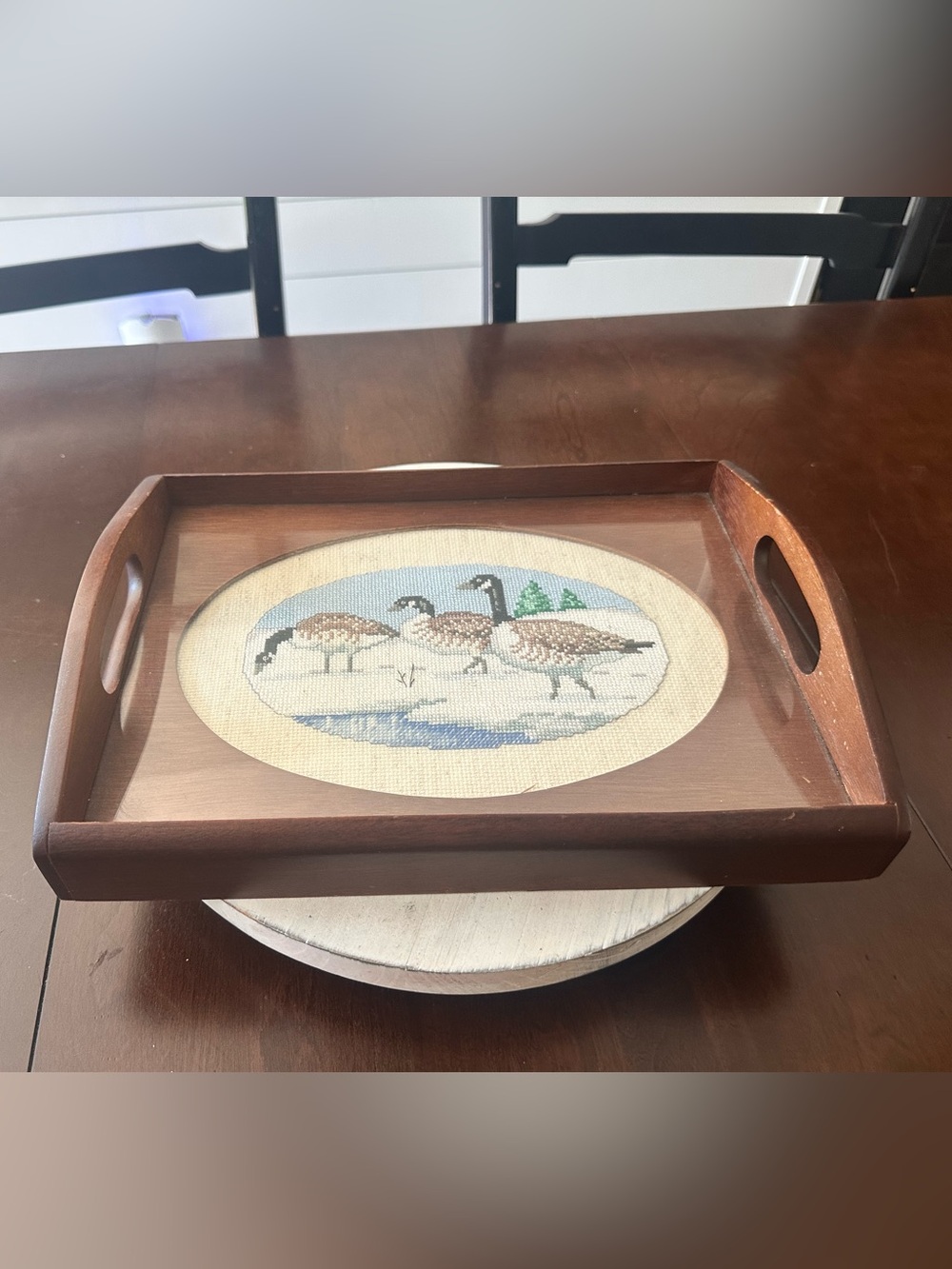 Vintage 1986 The Creative Circle Canada Geese Wood Serving Tray Cross Stitch